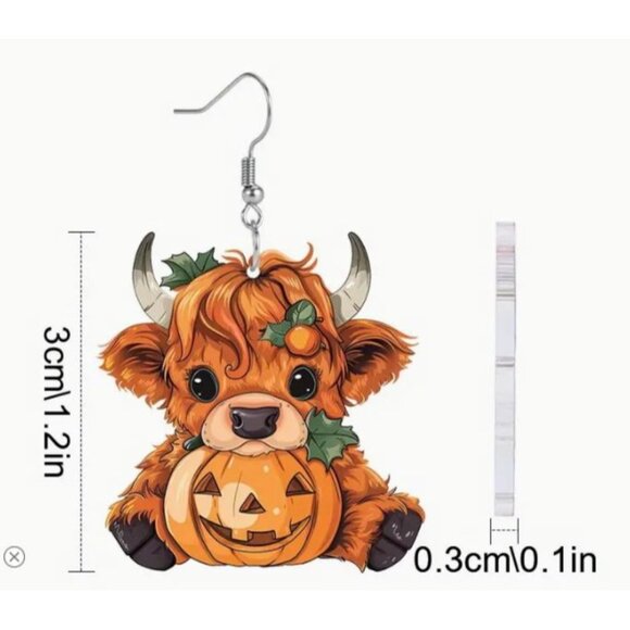 Highland Cow‎ Pumpkin Earrings Hand-Painted Acrylic Fall Jewelry NEW - Picture 3 of 3